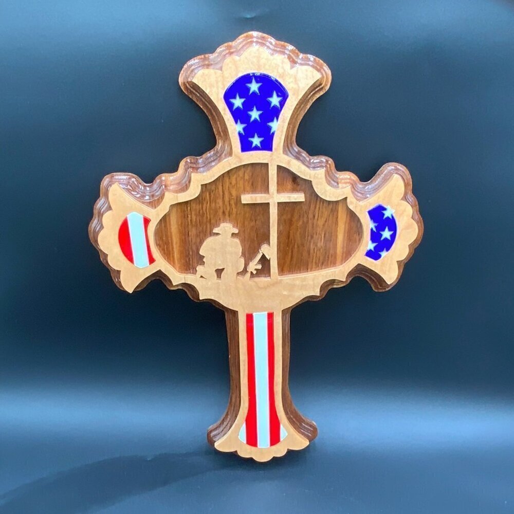 Handcrafted Craig Caudill Wooden USA Flag American Fallen Soldier Memorial Cross